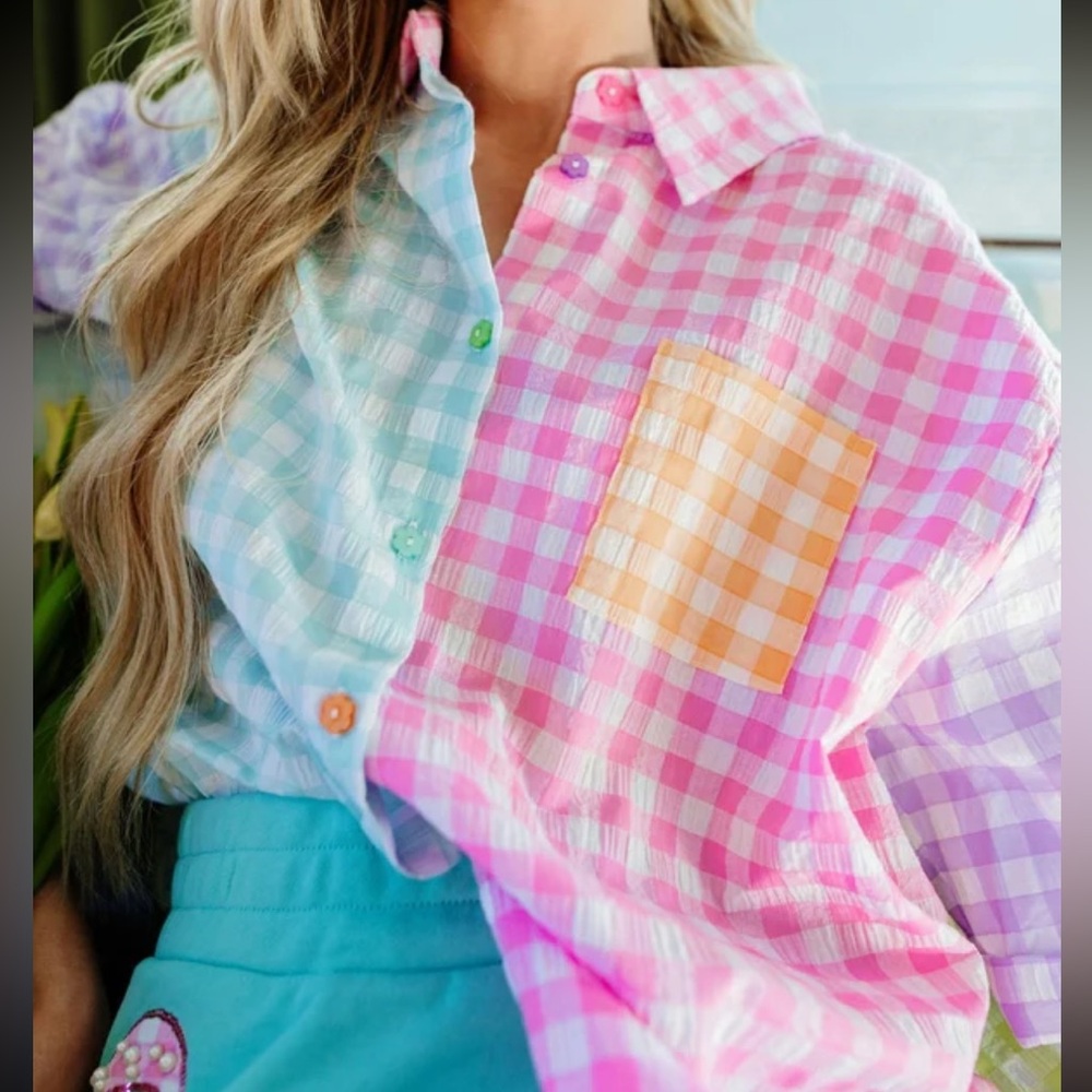 Brianna Cannon Colorblock Gingham Button-Up Shirt
